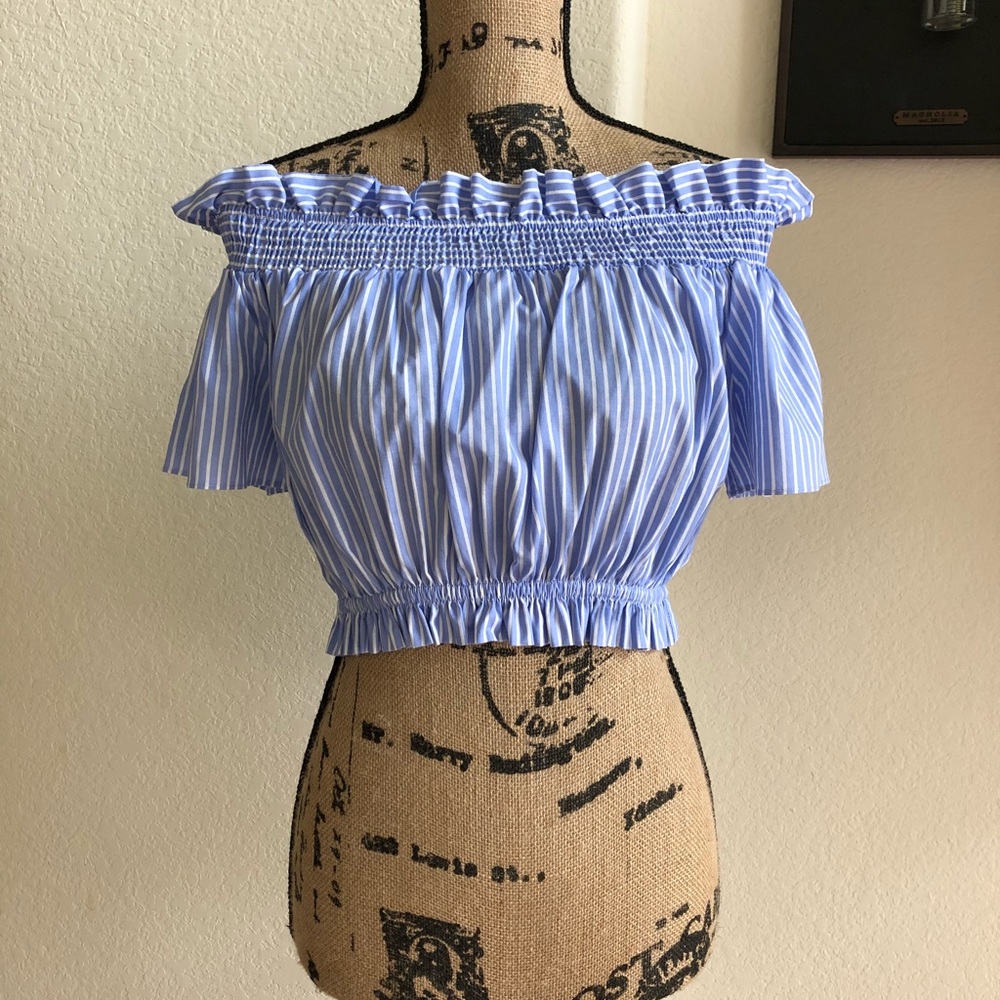 Blue and White Striped Crop Top Off the Shoulder